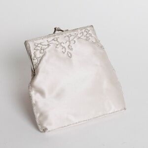 NWOT Formal bridal pearl beaded embroidered satin Sactchel/clutch w metal strap